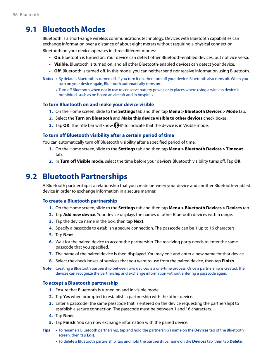 1 bluetooth modes, 2 bluetooth partnerships, 1 bluetooth modes 9.2 bluetooth partnerships | HTC AM171 User Manual | Page 96 / 158