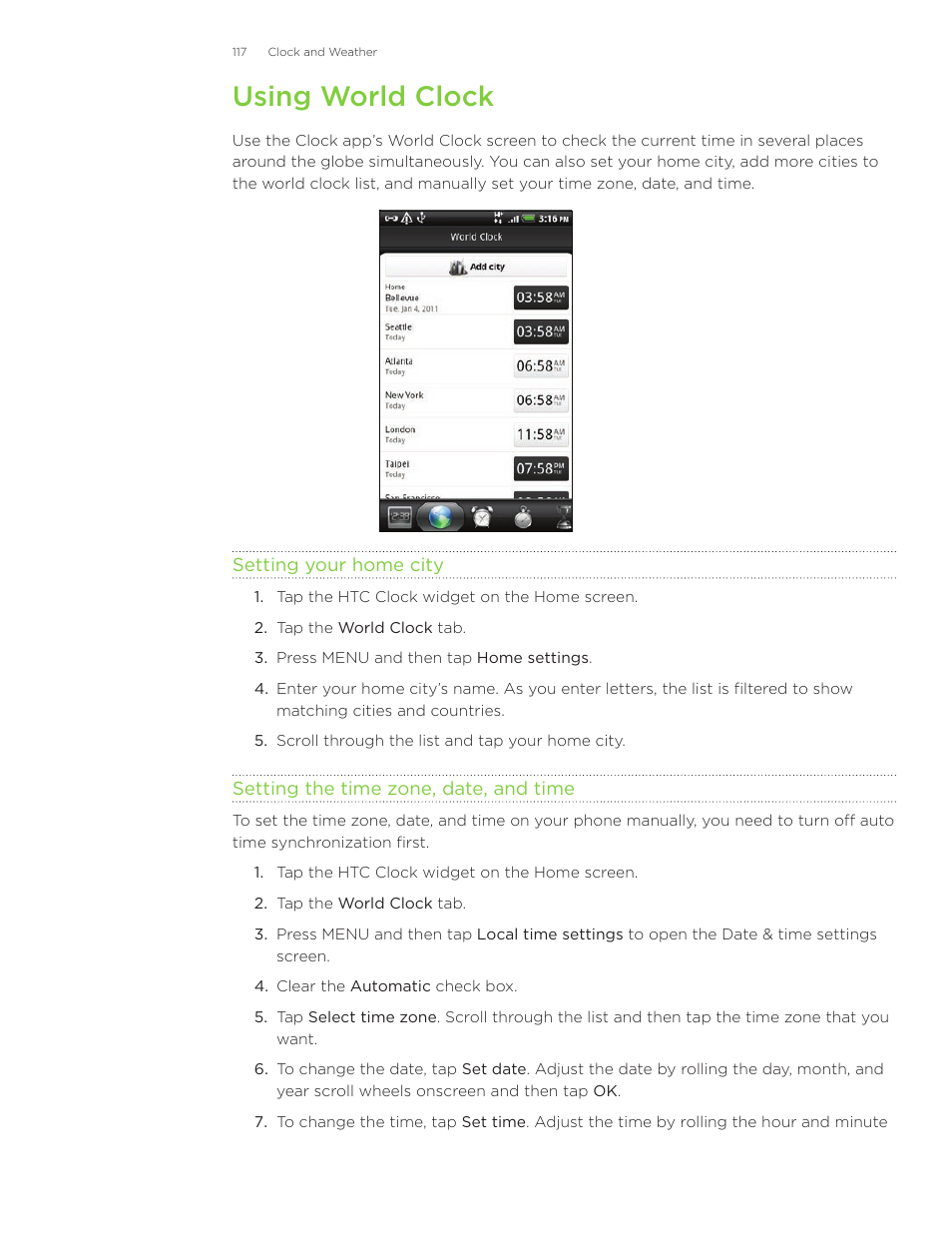 Using world clock | HTC Inspire 4G User Manual | Page 117 / 206