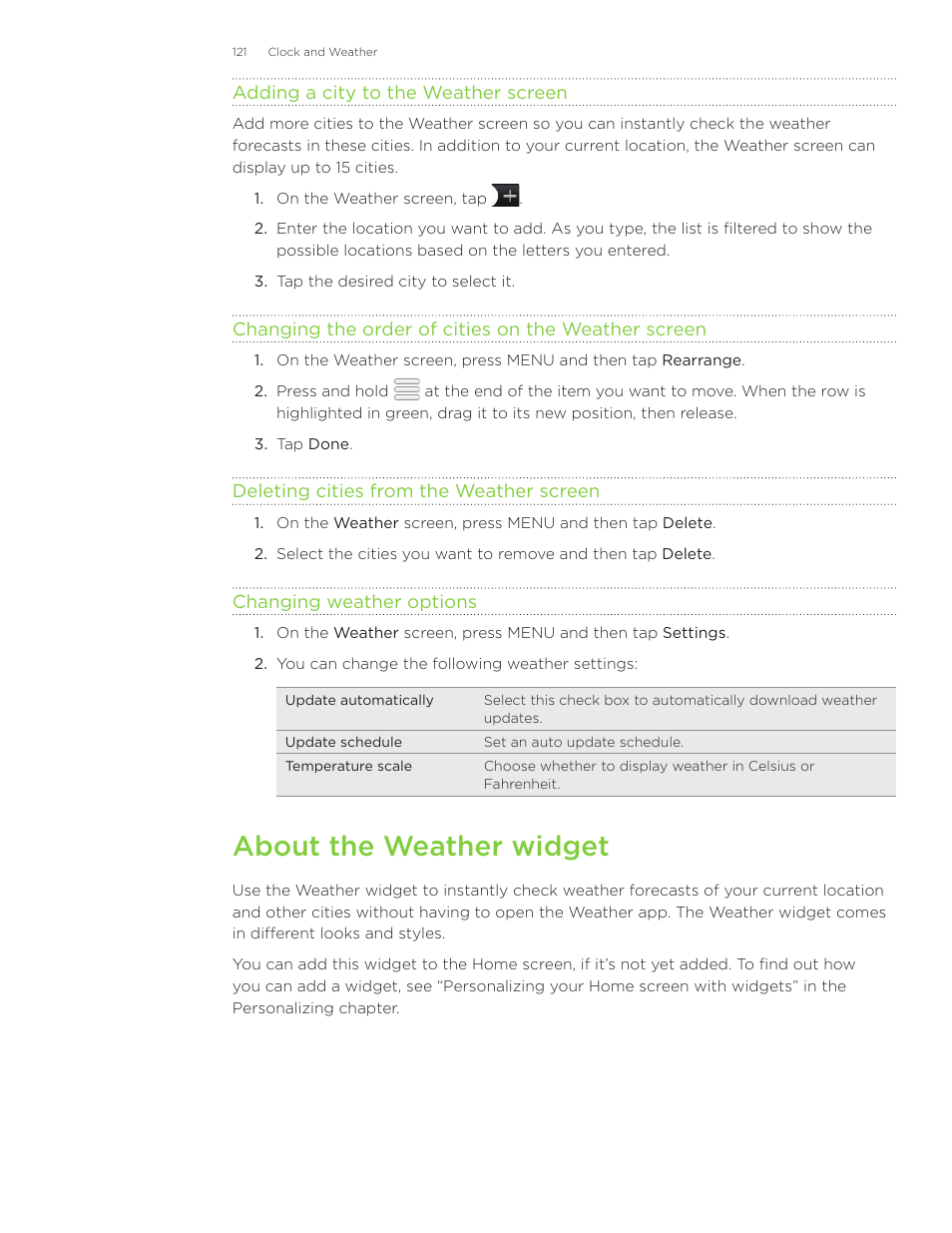 About the weather widget | HTC Inspire 4G User Manual | Page 121 / 206