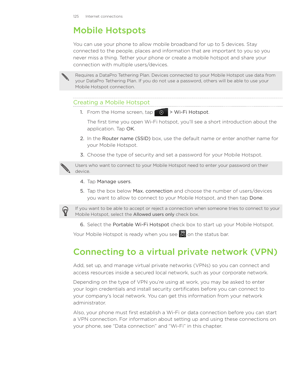 Mobile hotspots, Connecting to a virtual private network (vpn) | HTC Inspire 4G User Manual | Page 125 / 206