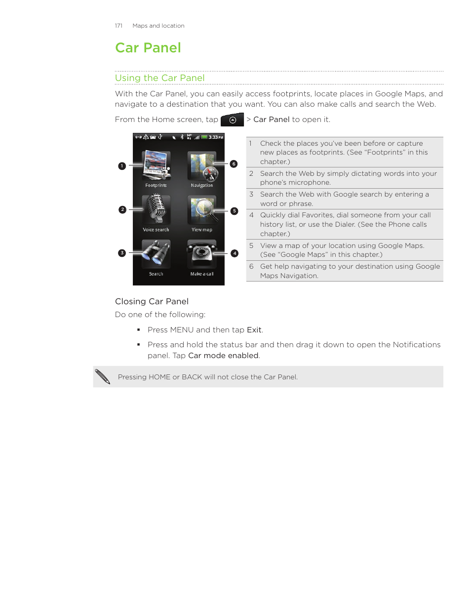 Car panel, Using the car panel | HTC Inspire 4G User Manual | Page 171 / 206