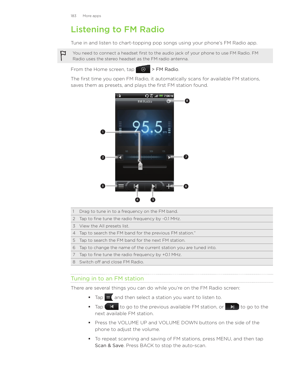Listening to fm radio, Tuning in to an fm station | HTC Inspire 4G User Manual | Page 183 / 206