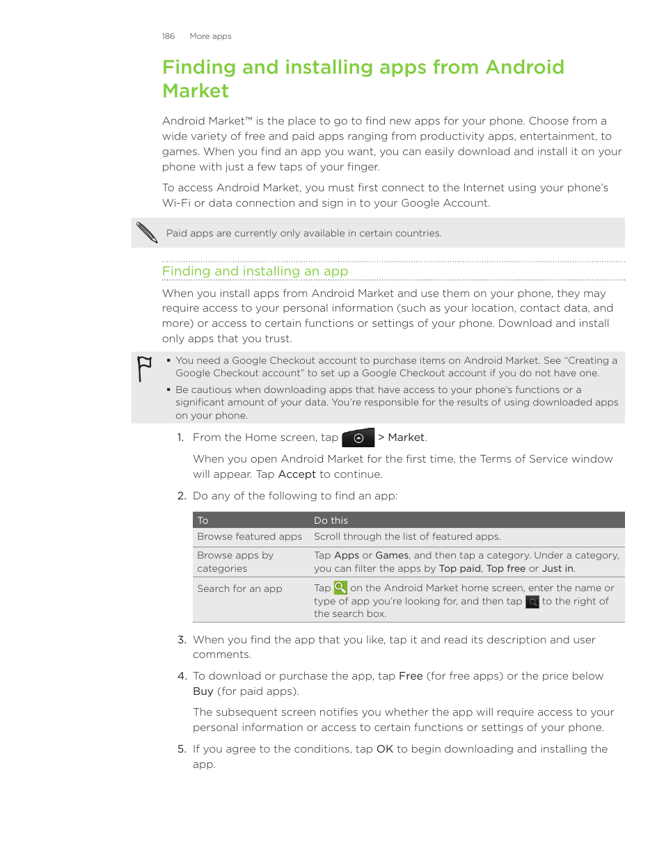 Finding and installing apps from android market | HTC Inspire 4G User Manual | Page 186 / 206