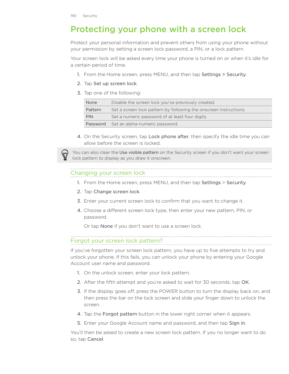 Protecting your phone with a screen lock | HTC Inspire 4G User Manual | Page 190 / 206