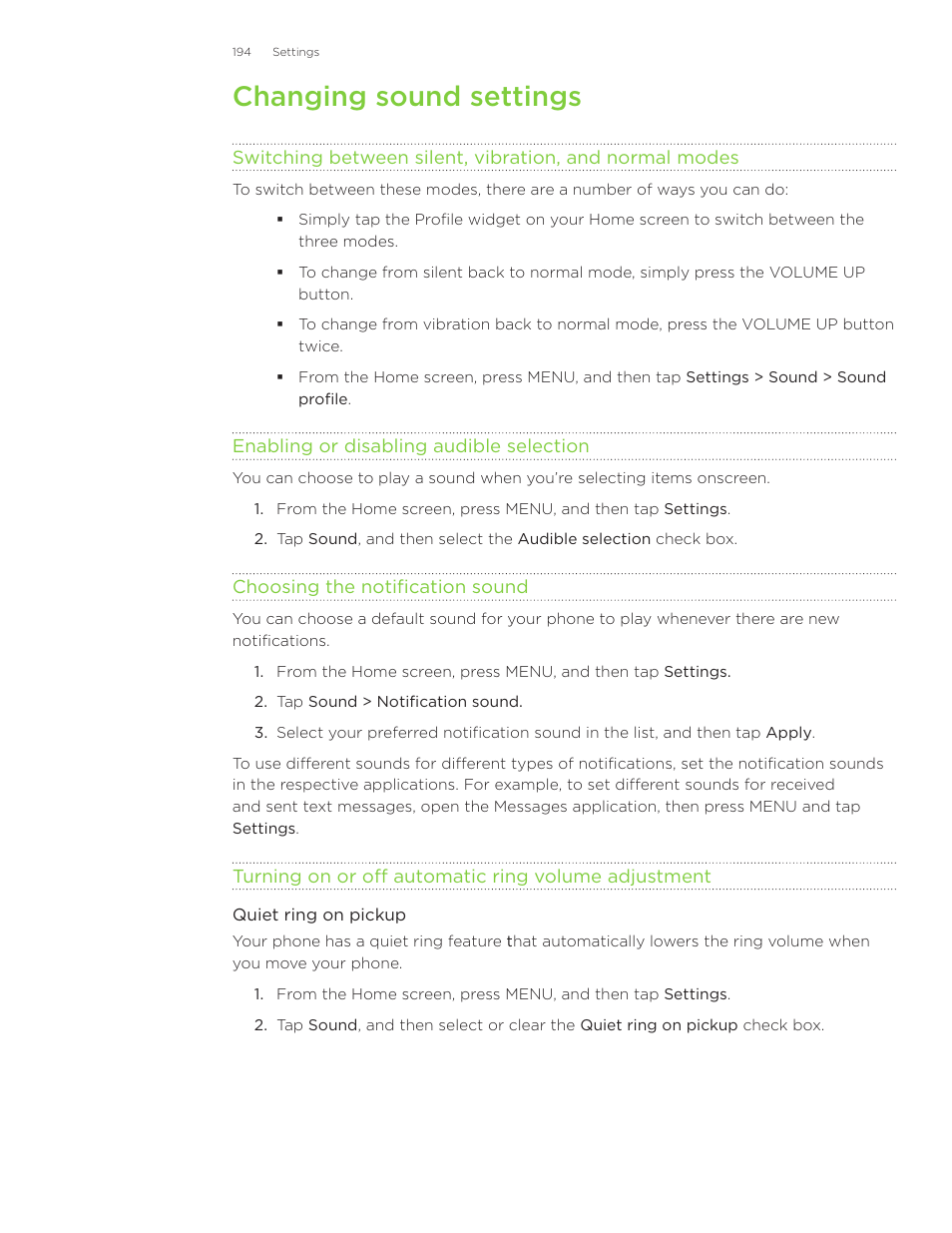 Changing sound settings | HTC Inspire 4G User Manual | Page 194 / 206
