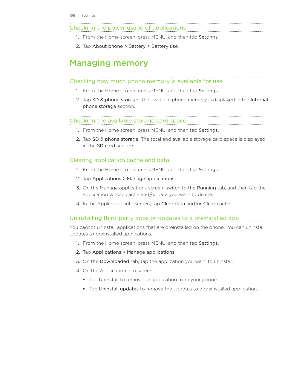 Managing memory | HTC Inspire 4G User Manual | Page 196 / 206