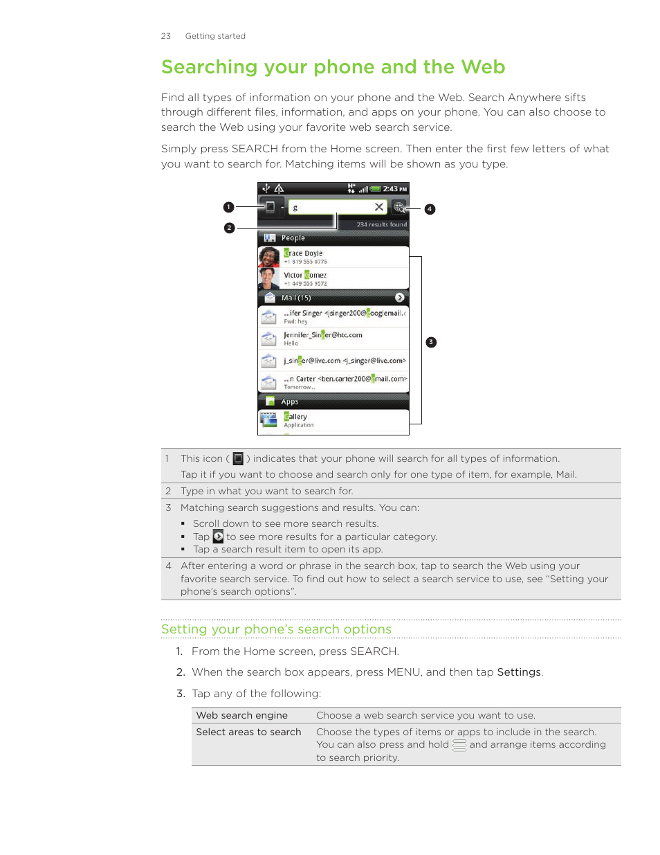 Searching your phone and the web, Setting your phone’s search options | HTC Inspire 4G User Manual | Page 23 / 206