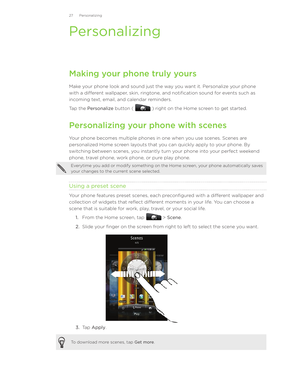 Personalizing, Making your phone truly yours, Personalizing your phone with scenes | HTC Inspire 4G User Manual | Page 27 / 206