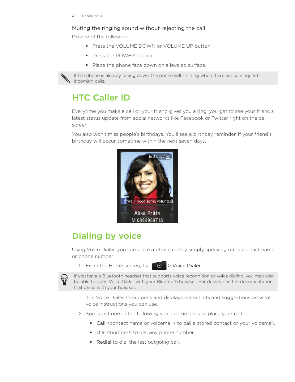 Htc caller id, Dialing by voice | HTC Inspire 4G User Manual | Page 41 / 206