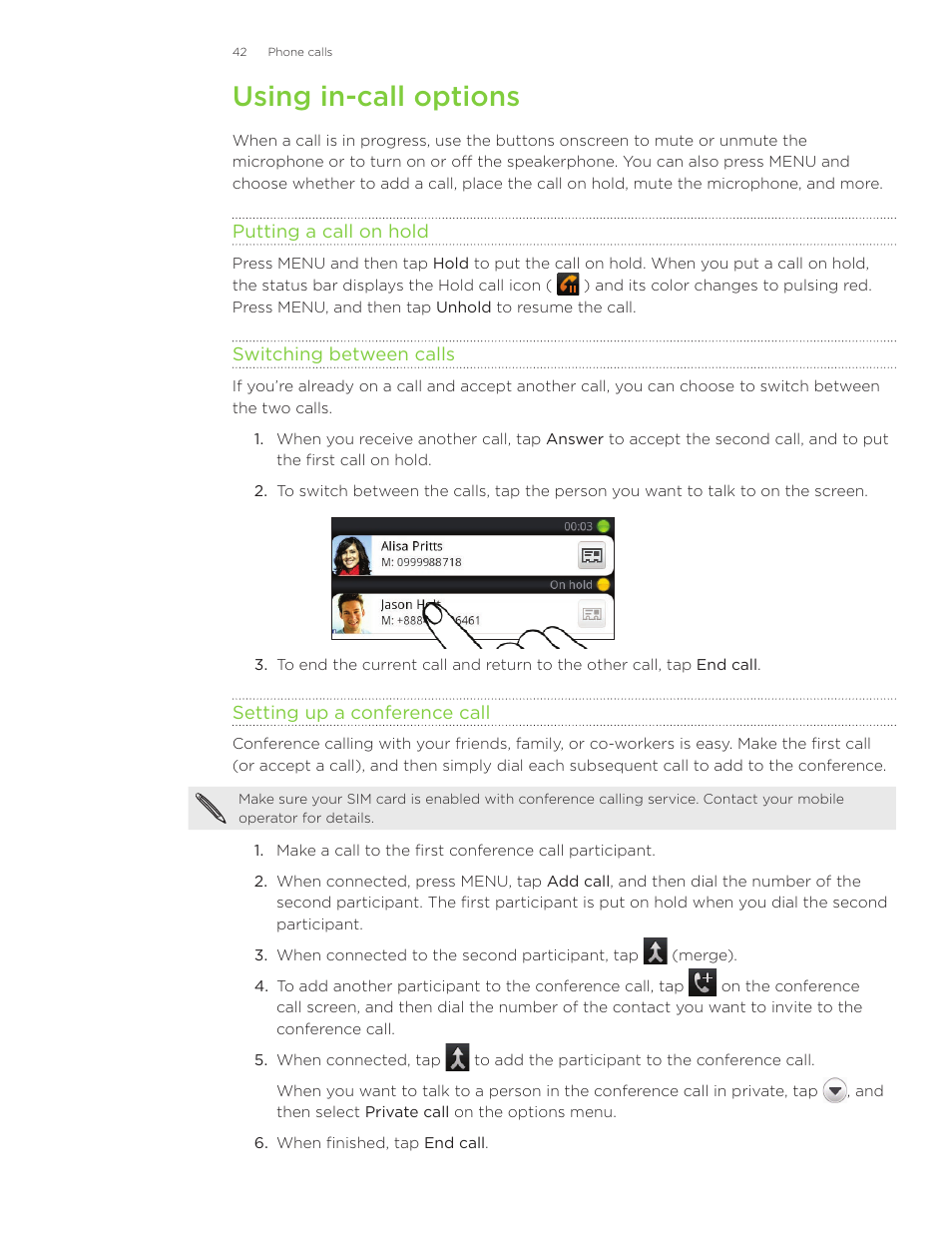 Using in-call options | HTC Inspire 4G User Manual | Page 42 / 206