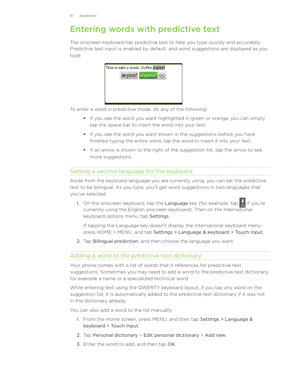 Entering words with predictive text | HTC Inspire 4G User Manual | Page 61 / 206