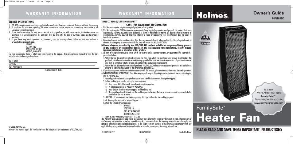 Holmes HFH6250 User Manual | 2 pages