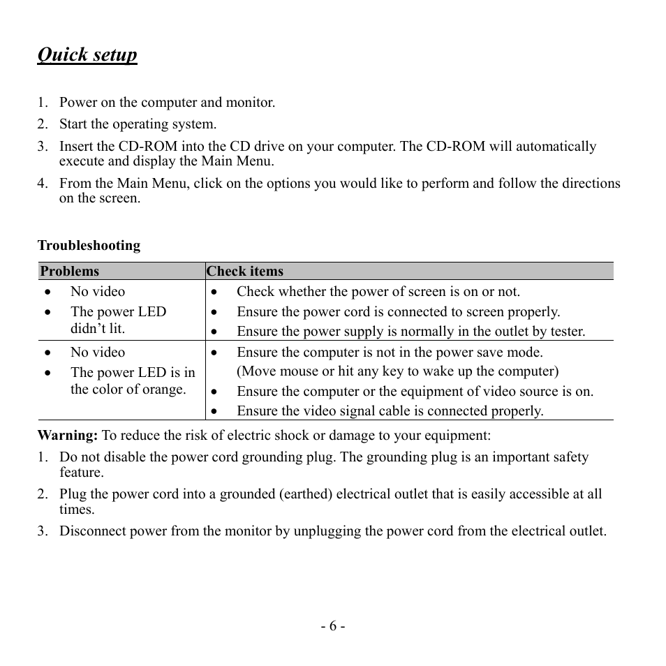 Quick setup, Troubleshooting | Hanns.G Hi221DPB User Manual | Page 5 / 15