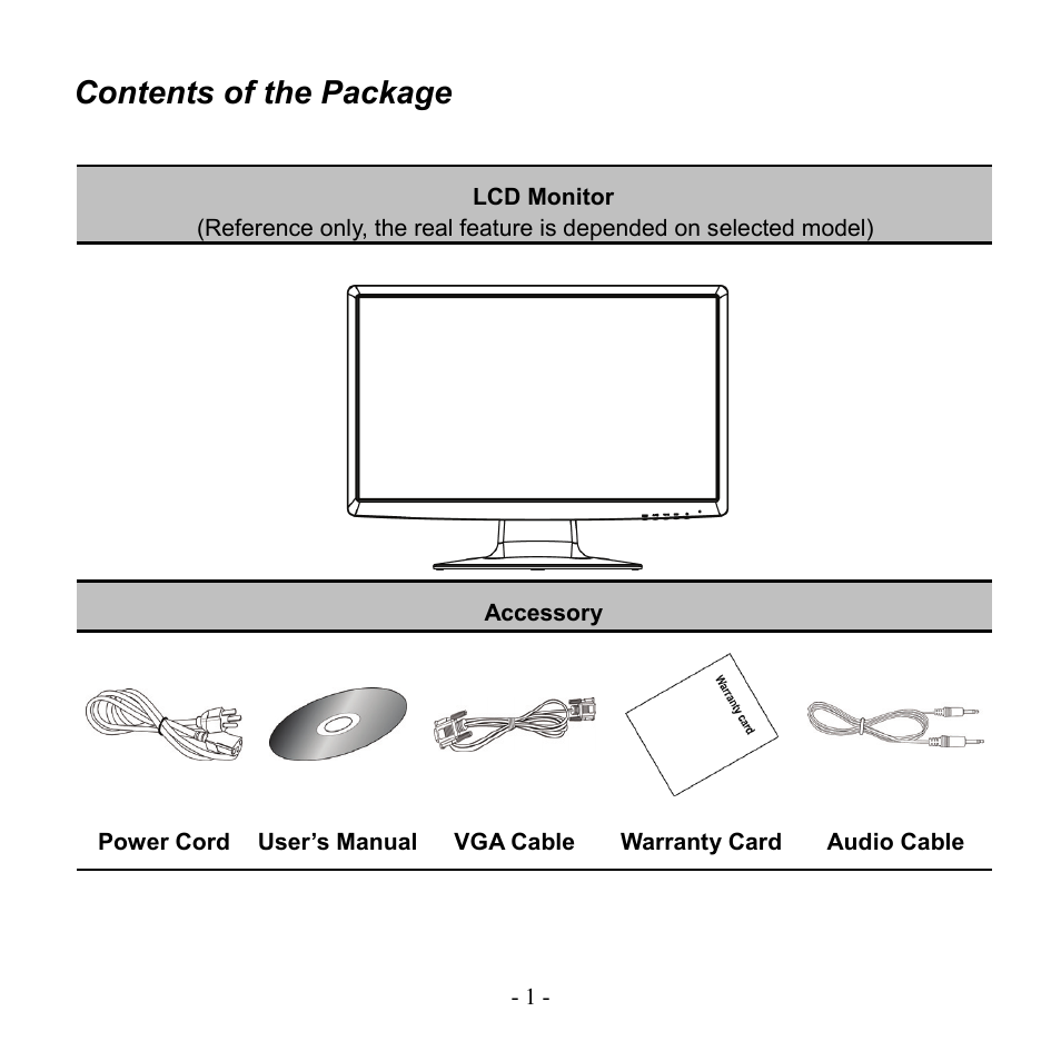 Contents of the package, Lcd monitor, Accessory | Vga cable | Hanns.G HH251 User Manual | Page 3 / 17