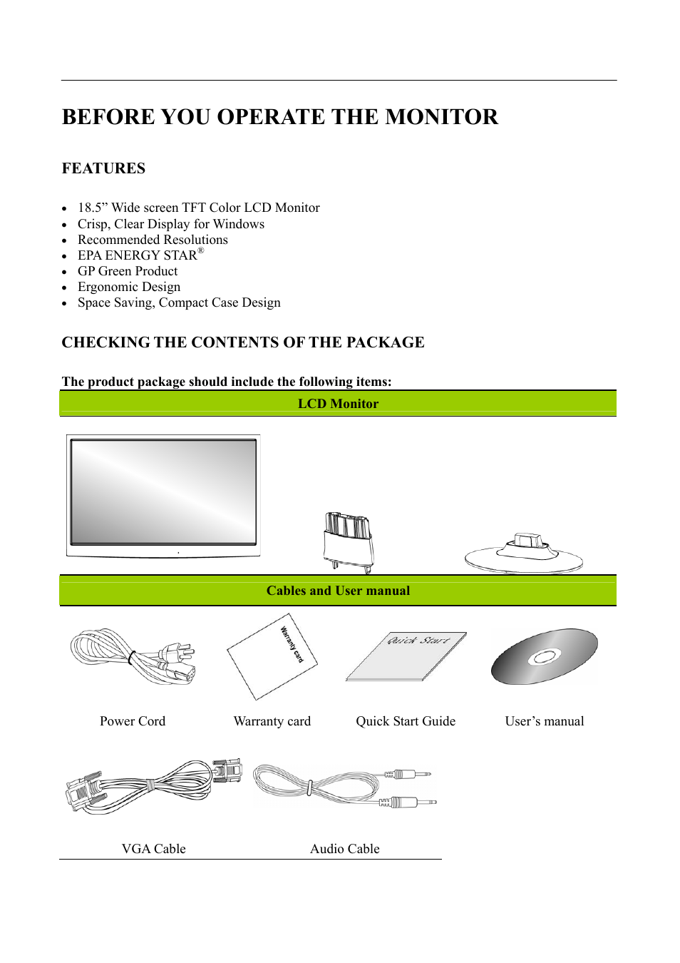 Before you operate the monitor, Features, Checking the contents of the package | Hanns.G HH181 User Manual | Page 7 / 21