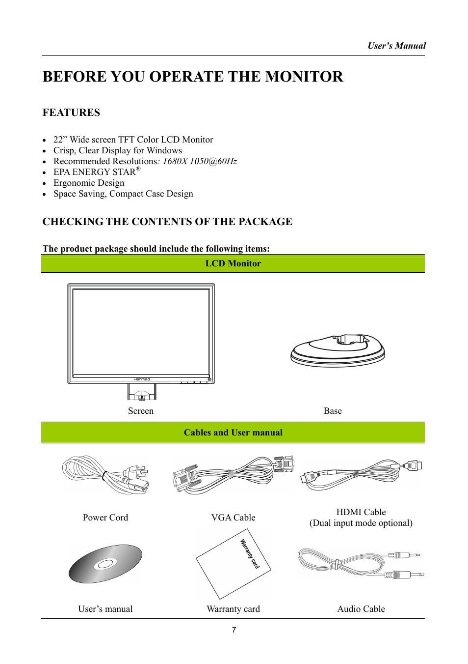 Before you operate the monitor, Features, Checking the contents of the package | Hanns.G HSG1034 User Manual | Page 7 / 21