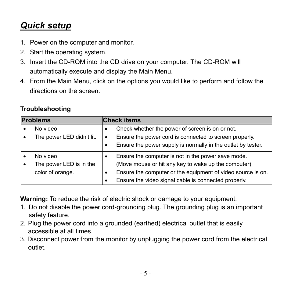 Quick setup, Troubleshooting | Hanns.G HG216DPO User Manual | Page 5 / 16