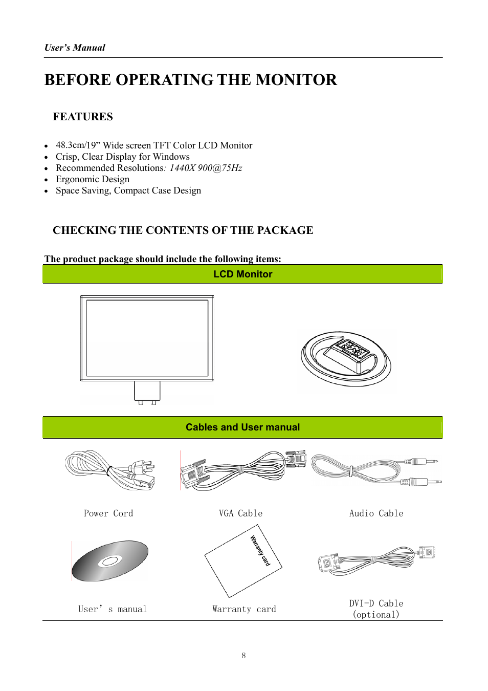 Before operating the monitor | Hanns.G HW191 User Manual | Page 8 / 20