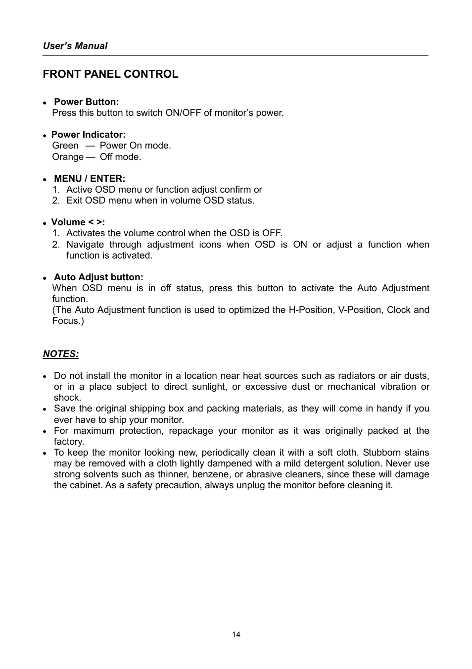 Front panel control | Hanns.G HU171D User Manual | Page 14 / 23