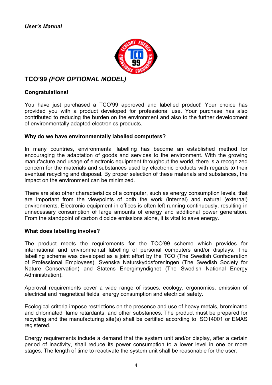 Tco’99 (for optional model) | Hanns.G HU171D User Manual | Page 4 / 23
