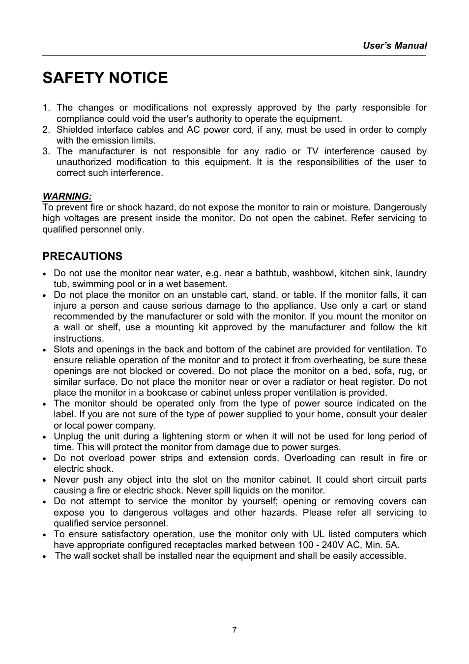 Safety notice, Precautions | Hanns.G HU171D User Manual | Page 7 / 23