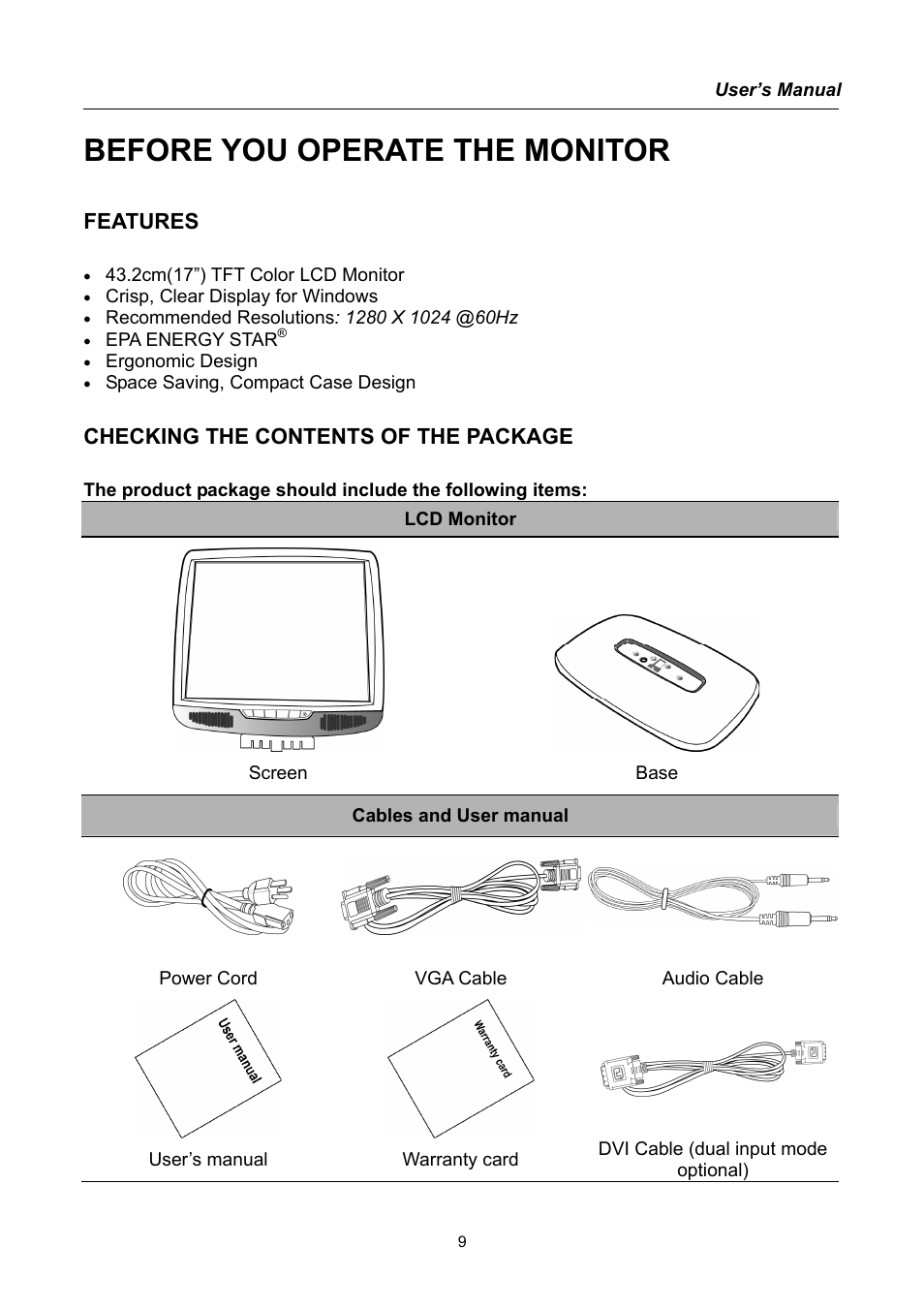Before you operate the monitor, Features, Checking the contents of the package | Hanns.G HU171D User Manual | Page 9 / 23