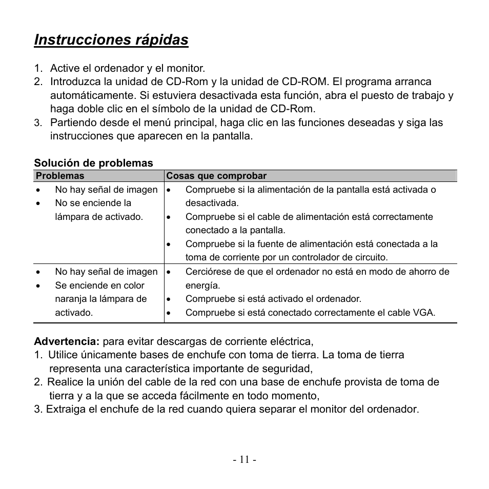 Instrucciones rápidas, Solución de problemas | Hanns.G JC199APB User Manual | Page 11 / 16