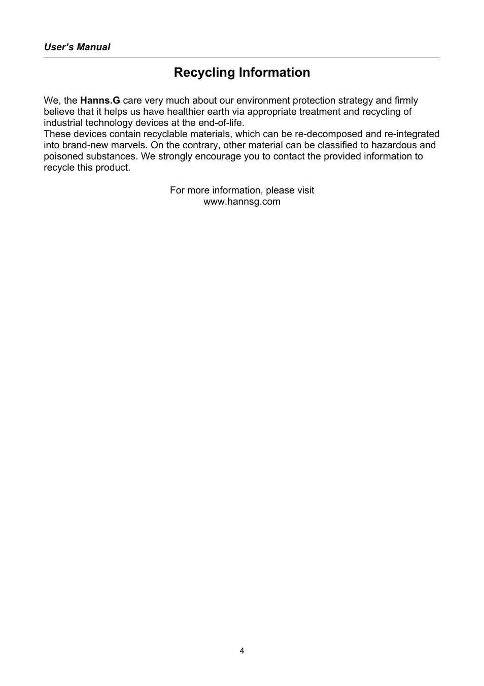 Recycling information | Hanns.G HX191 User Manual | Page 4 / 20
