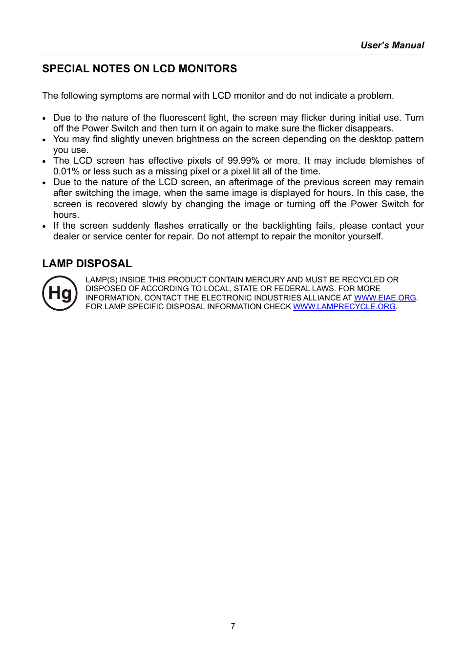 Special notes on lcd monitors, Lamp disposal | Hanns.G HX191 User Manual | Page 7 / 20
