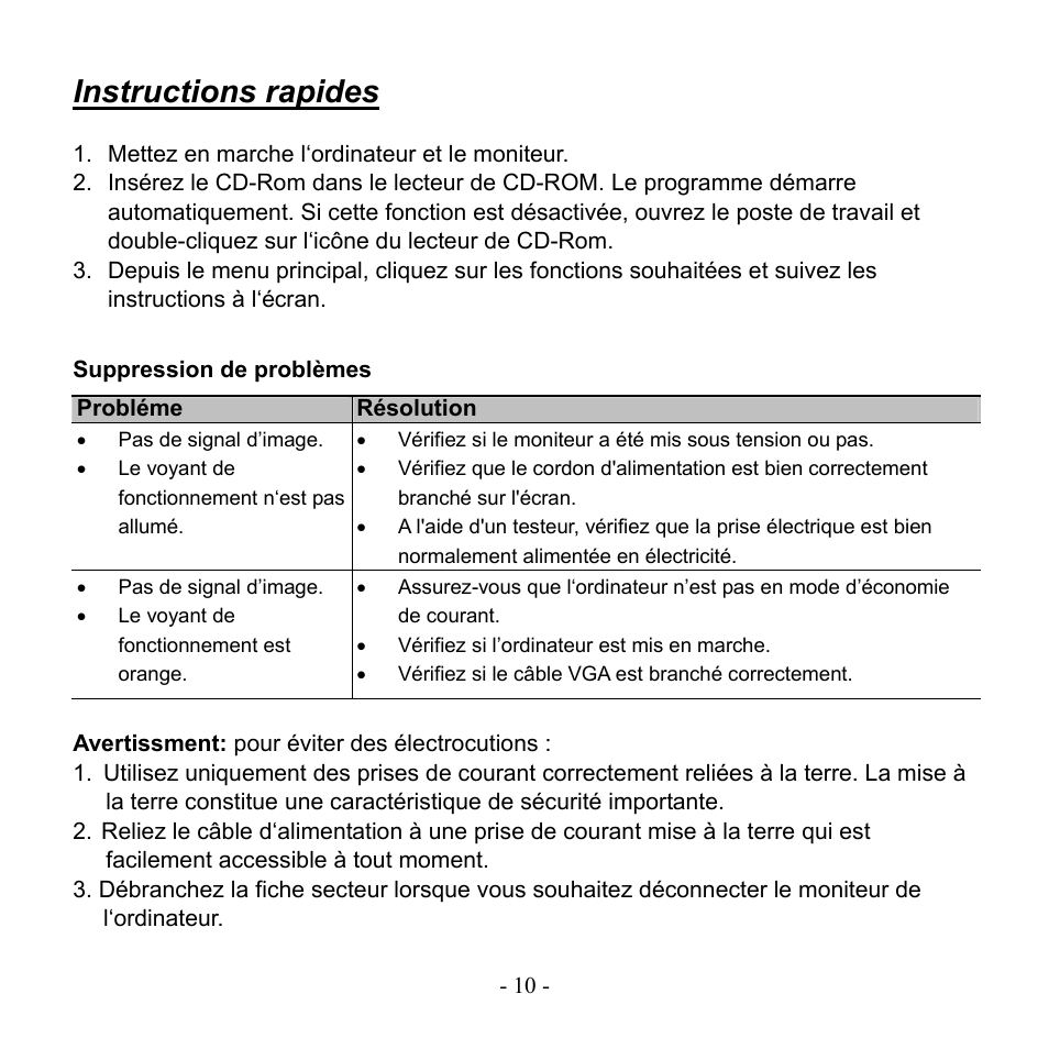 Instructions rapides, Suppression de problèmes | Hanns.G HG221A User Manual | Page 11 / 17