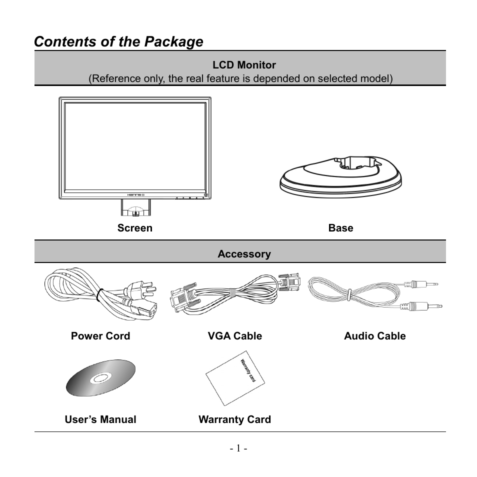 Contents of the package, Lcd monitor, Accessory | Hanns.G HG221A User Manual | Page 2 / 17