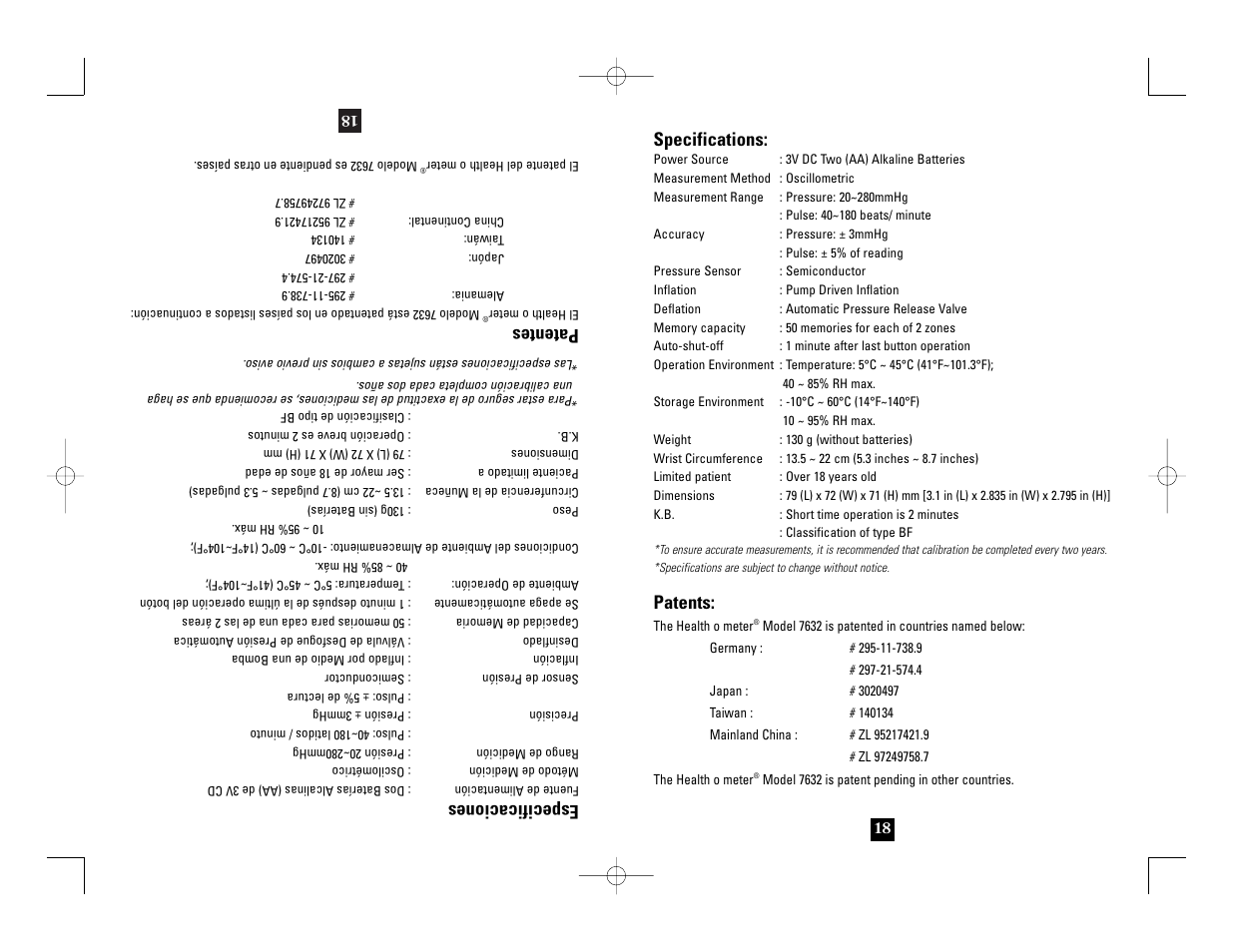 Specifications, Patents, Especificaciones | Patentes | Health O Meter 7632 User Manual | Page 18 / 42