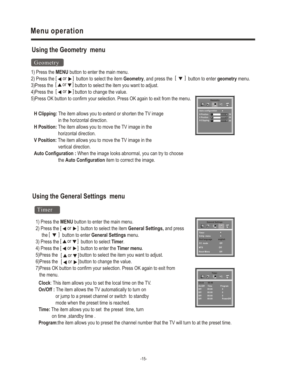 Menu operation, Using the general settings menu, Using the geometry menu | Geometry, Timer | Hisense Group LCD1504US User Manual | Page 16 / 23