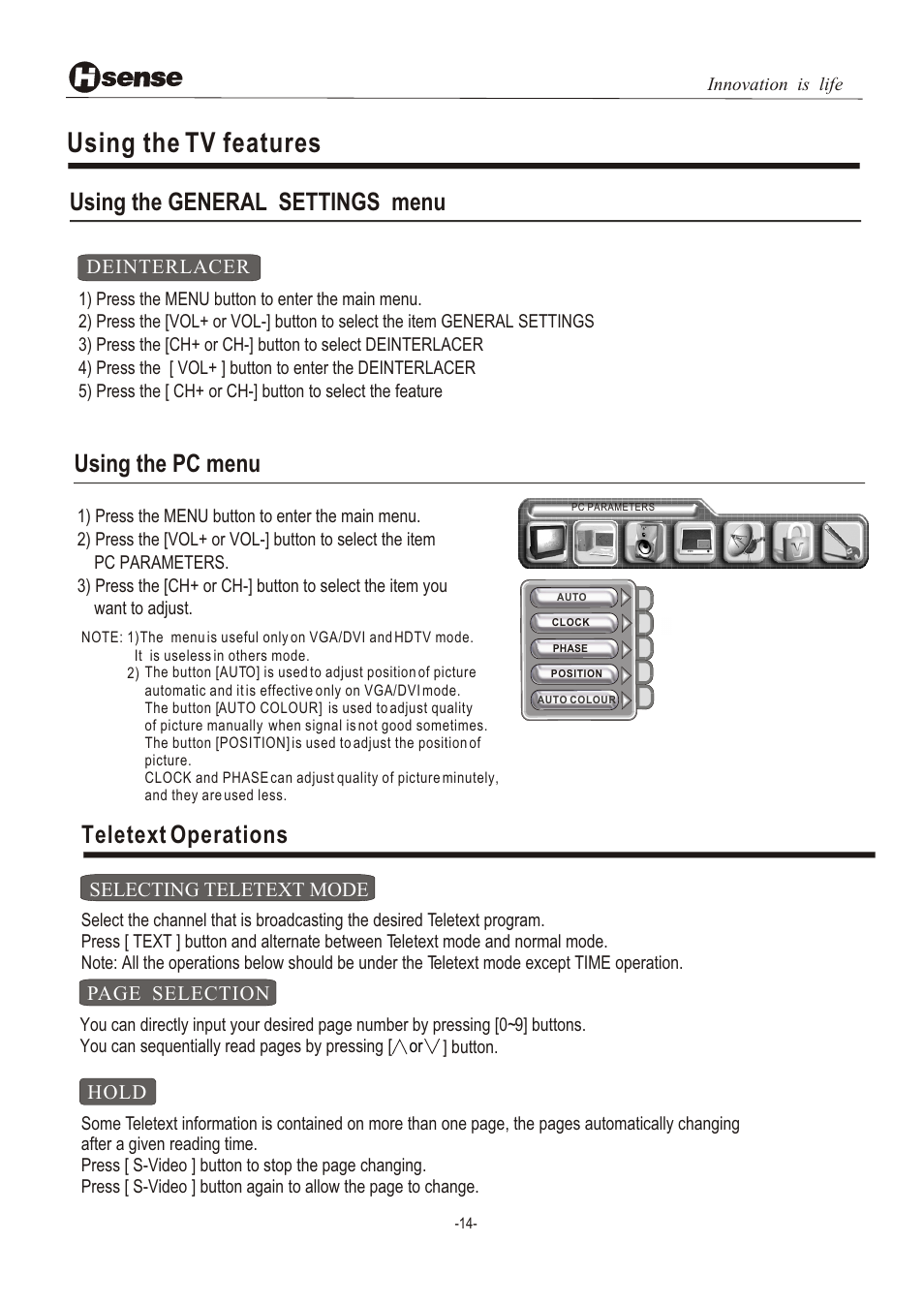 Т³гж 15, Using the tv features, Teletext operations | Using the general settings menu using the pc menu | Hisense Group LCD3201EU User Manual | Page 15 / 21