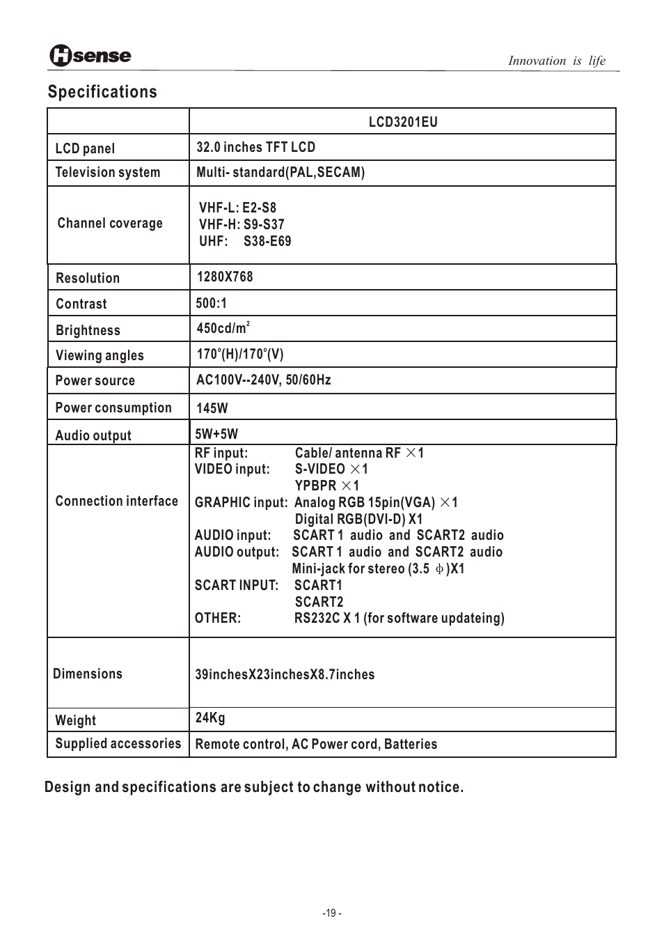 Т³гж 20, Specifications | Hisense Group LCD3201EU User Manual | Page 20 / 21