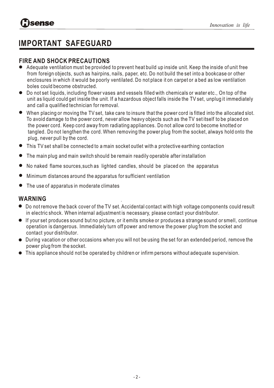 Т³гж 3, Important safeguard, Fire and shock precautions | Warning | Hisense Group LCD3201EU User Manual | Page 3 / 21