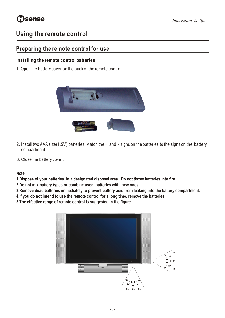 Т³гж 7, Using the remote control, Preparing the remote control for use | Installing the remote control batteries | Hisense Group LCD3201EU User Manual | Page 7 / 21