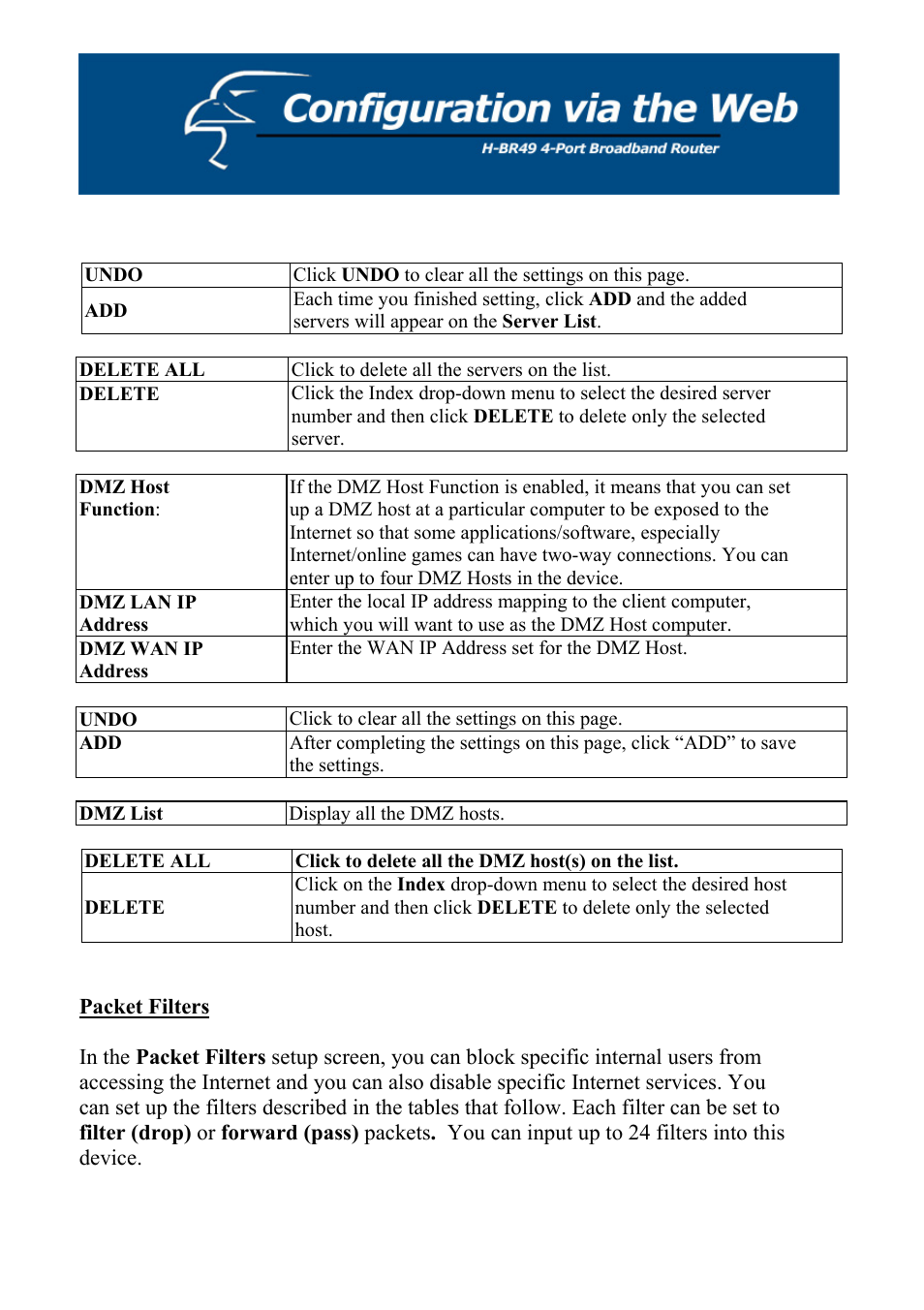 Delete all, Delete, Undo | Packet filters | Hawking Technology H-BR49 User Manual | Page 27 / 67