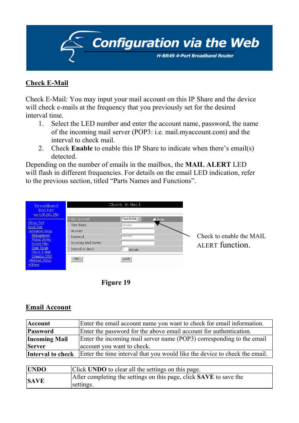 Check e-mail, Email account, Function | Hawking Technology H-BR49 User Manual | Page 32 / 67