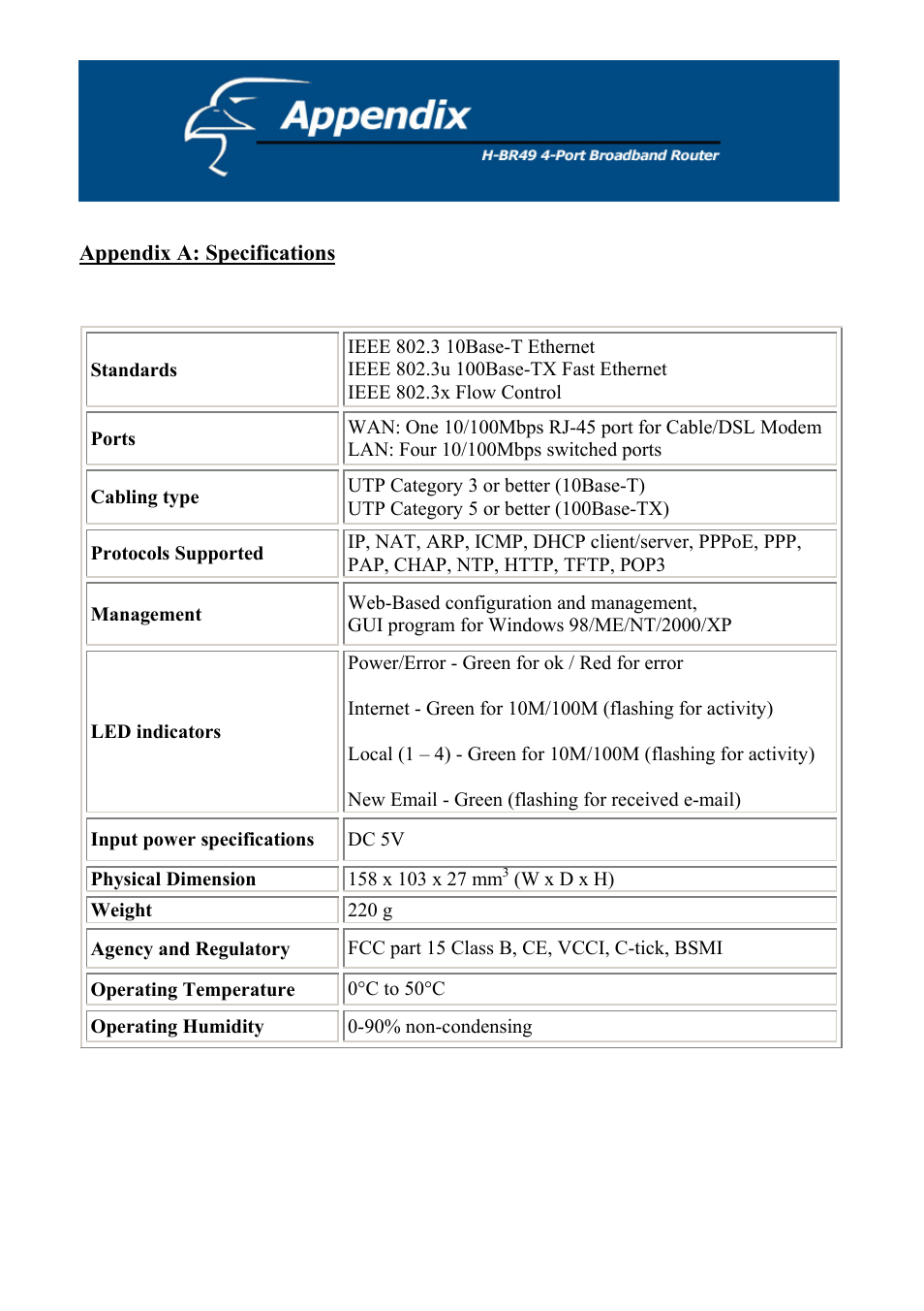 Appendix a: specifications | Hawking Technology H-BR49 User Manual | Page 64 / 67