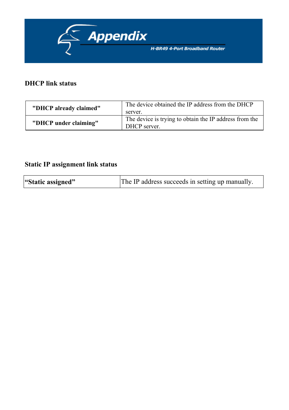 Dhcp link status, Static ip assignment link status | Hawking Technology H-BR49 User Manual | Page 67 / 67