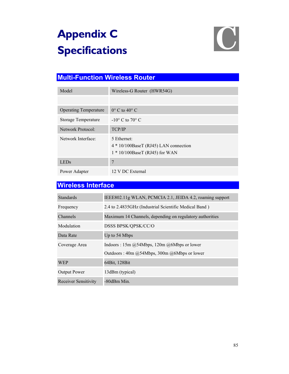 Appendix c, Specifications | Hawking Technology HWR54G User Manual | Page 89 / 90