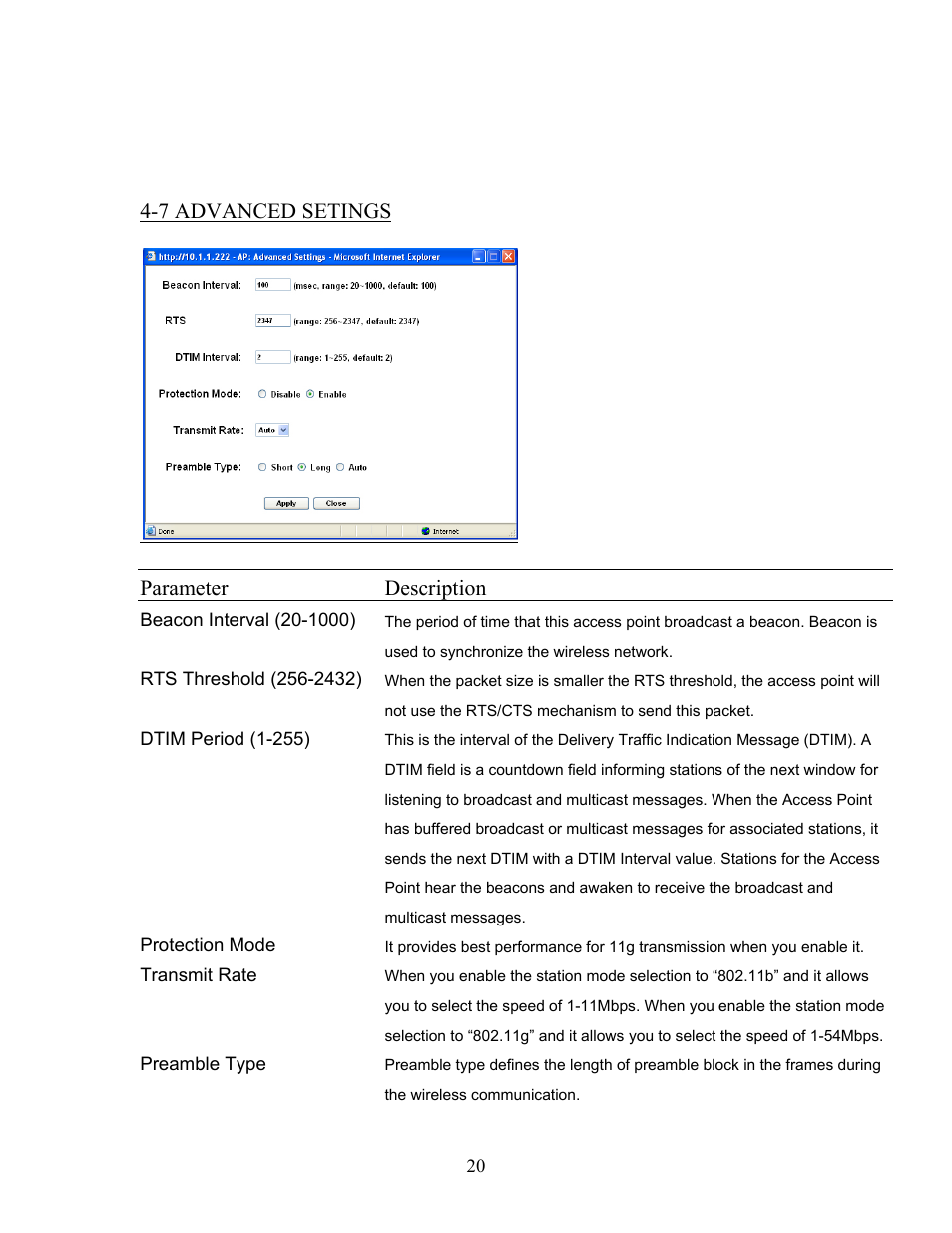 7 advanced setings parameter description | Hawking Technology HWUR54G User Manual | Page 20 / 29