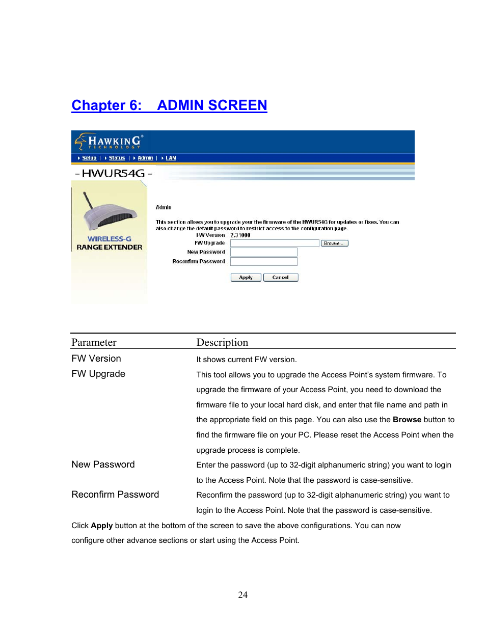 Chapter 6:admin screen, Chapter 6: admin screen | Hawking Technology HWUR54G User Manual | Page 24 / 29