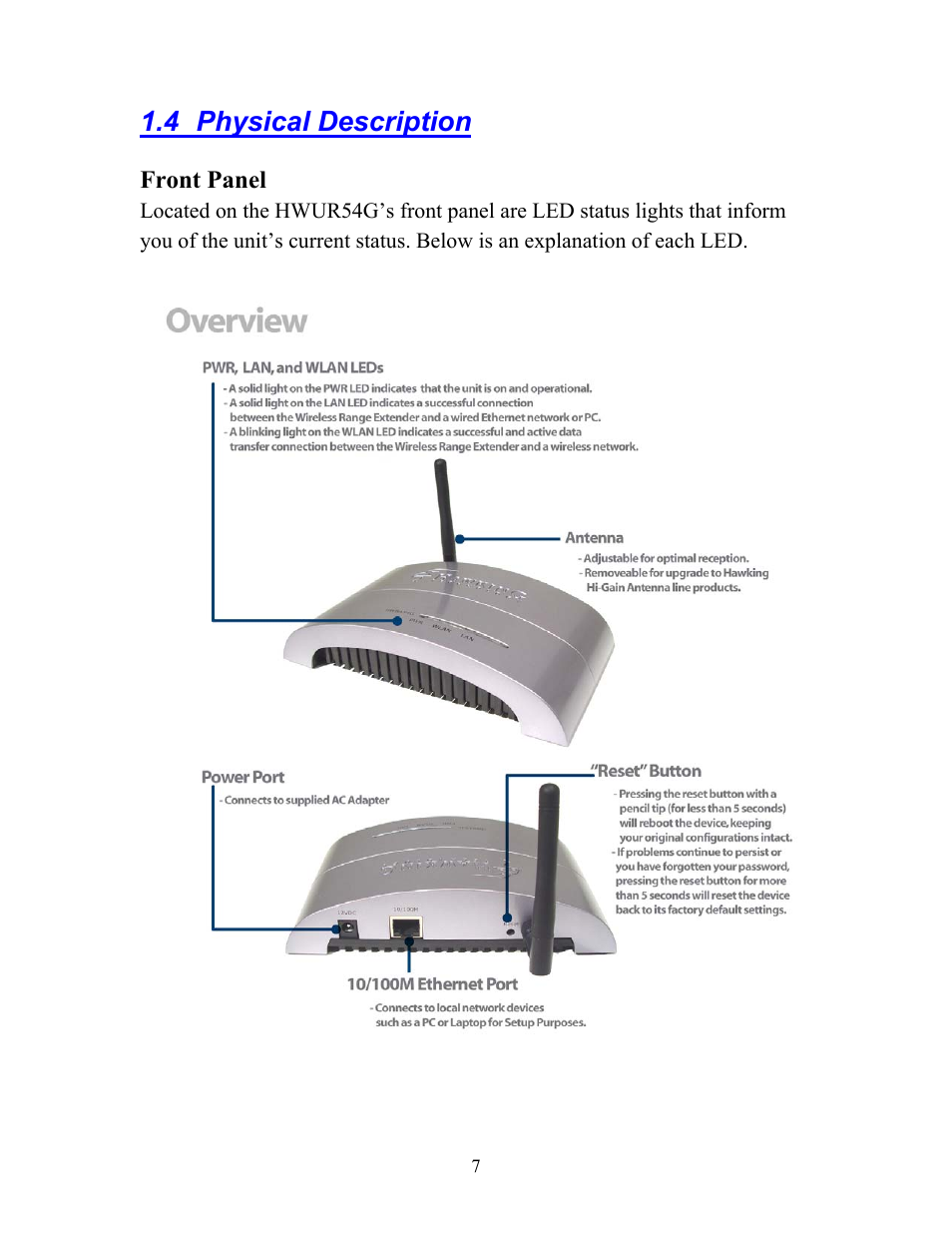 4physical description, 4 physical description | Hawking Technology HWUR54G User Manual | Page 7 / 29