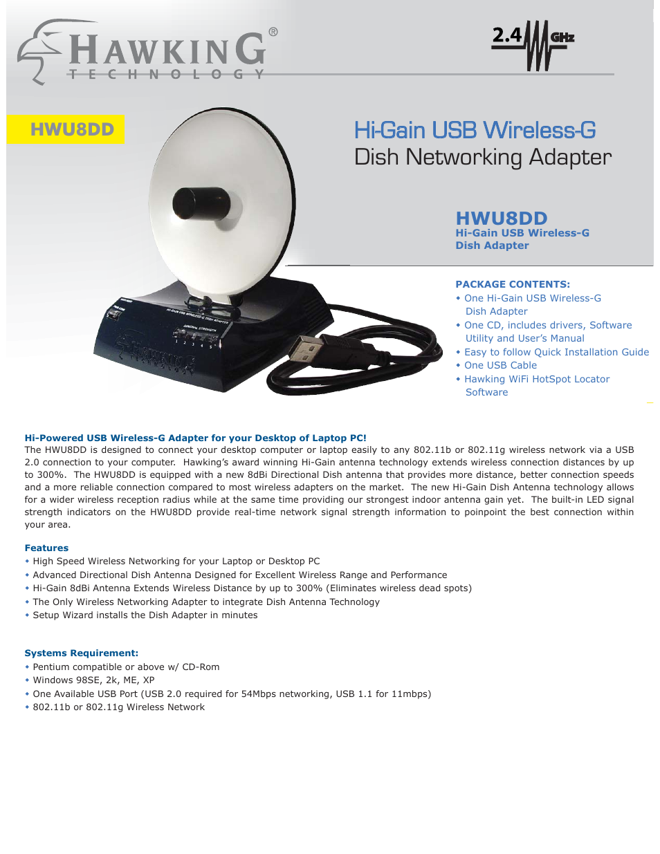 Hi-gain usb wireless-g dish networking adapter, Hwu8dd | Hawking Technology Hawking Hi-Gain Wireless USB Network Dish Adapter 300N User Manual | Page 13 / 24