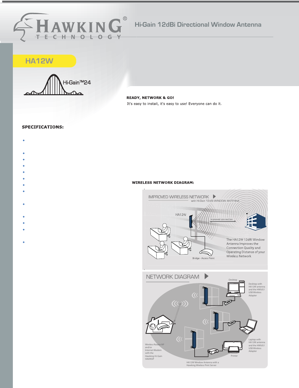 Ha12w, Hi-gain 12dbi directional window antenna, Network diagram | Hawking Technology Hawking Hi-Gain Wireless USB Network Dish Adapter 300N User Manual | Page 18 / 24