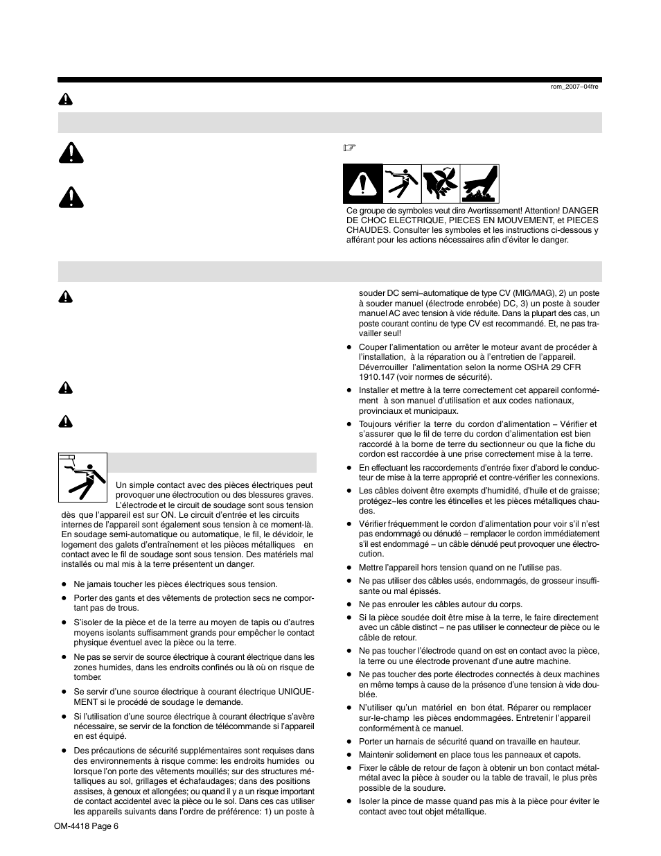 1. signification des symboles, 2. dangers relatifs au soudage à l’arc, Consignes de sécurité − lire avant utilisation | Hobart Welding Products CHAMPION 4500 OM-4418 User Manual | Page 10 / 52