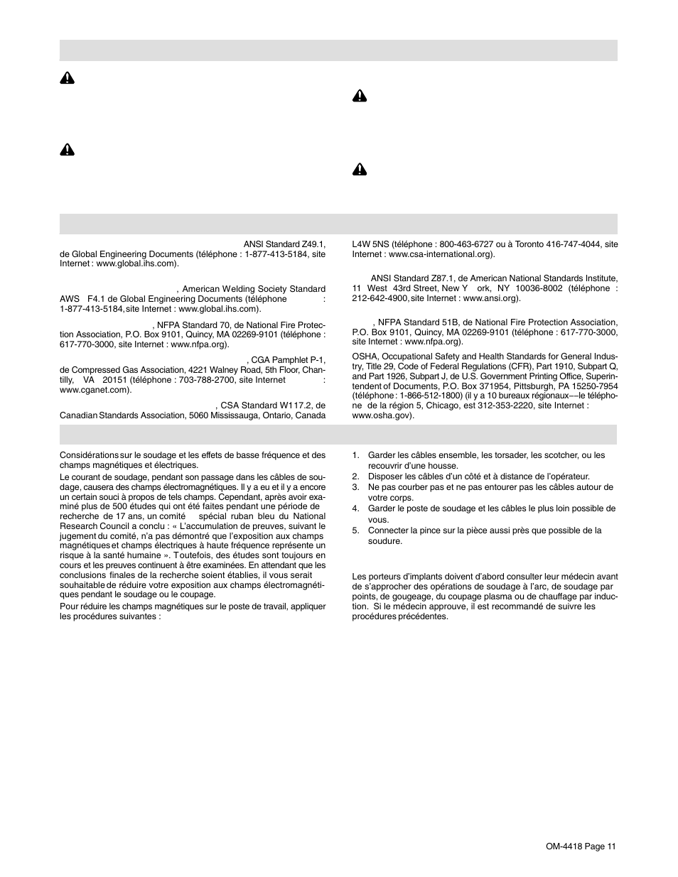 6. proposition californienne 65 avertissements, 7. principales normes de sécurité, 8. information emf | Hobart Welding Products CHAMPION 4500 OM-4418 User Manual | Page 15 / 52