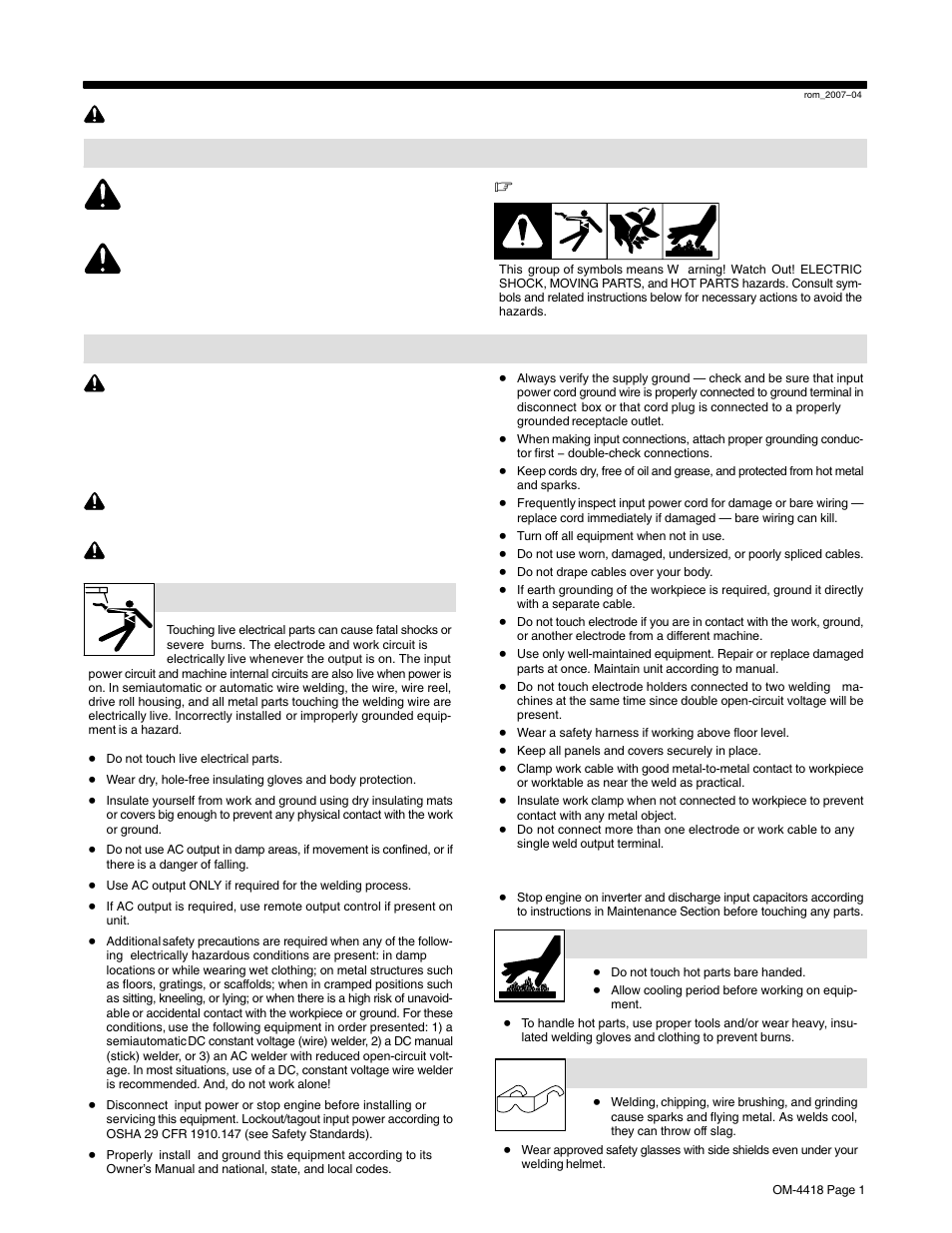 Section 1 − safety precautions − read before using, 1. symbol usage, 2. arc welding hazards | Hobart Welding Products CHAMPION 4500 OM-4418 User Manual | Page 5 / 52